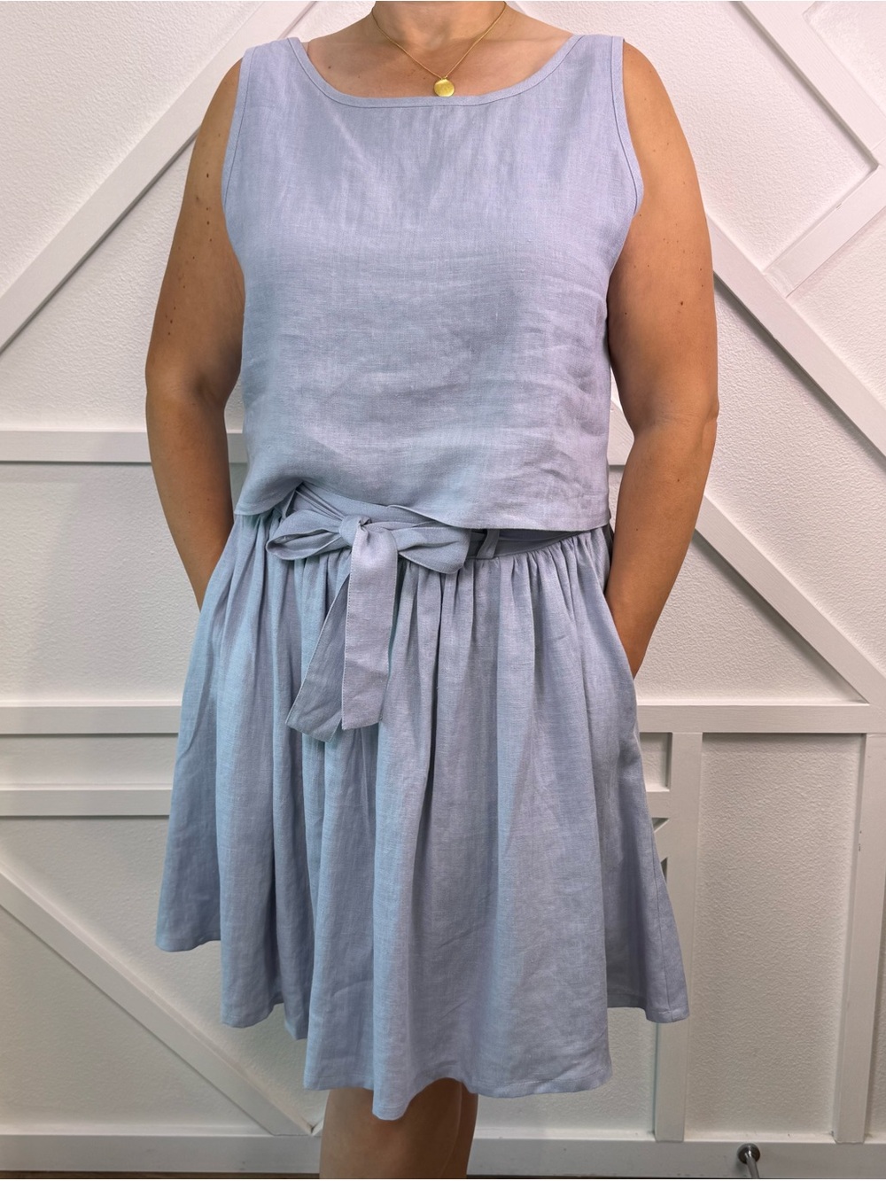Sleeveless Light Blue Linen Skirt Set with Waist Tie